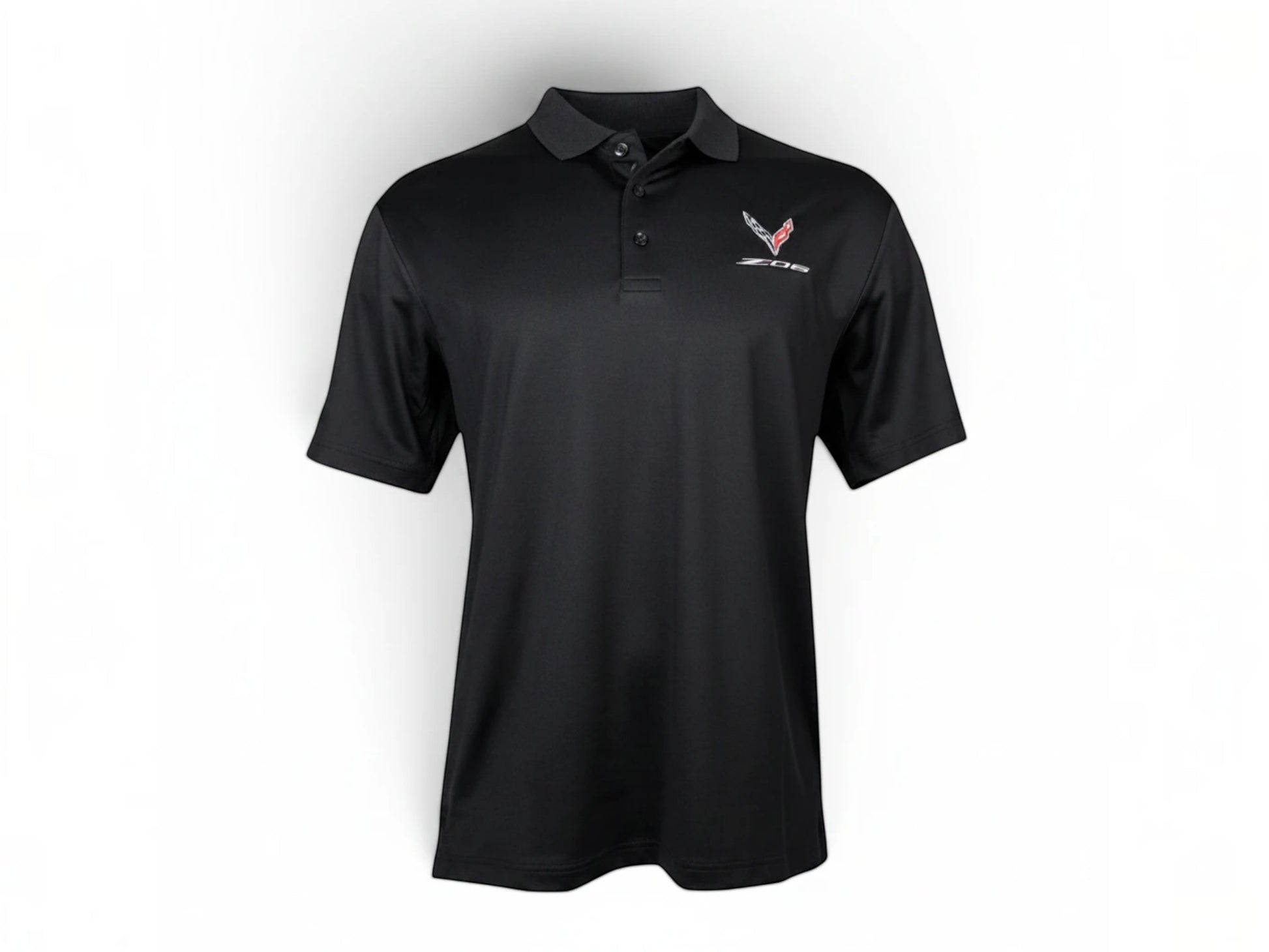 T-Top Vibes black Callaway performance polo featuring an embroidered 2023 Corvette Z06 emblem and three-button placket.