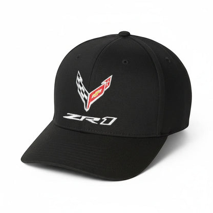 T-Top Vibes black C8 Corvette ZR1 cap with embroidered flag logo and structured six-panel design