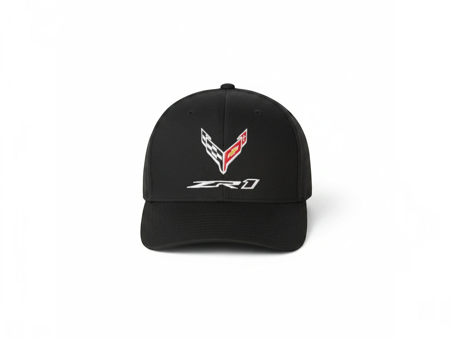 T-Top Vibes black C8 Corvette ZR1 structured six-panel Flexfit cap with embroidered flag logo and ZR1 text