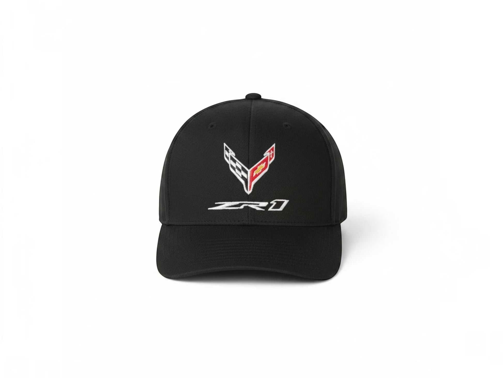 T-Top Vibes black C8 Corvette ZR1 structured six-panel Flexfit cap with embroidered flag logo and ZR1 text