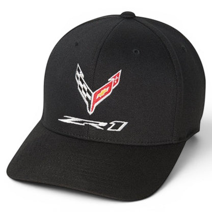 T-Top Vibes black C8 Corvette ZR1 cap with embroidered flag logo and structured six-panel design