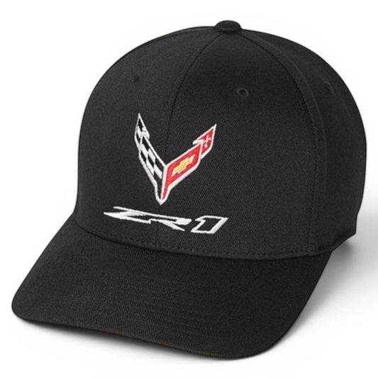 T-Top Vibes black C8 Corvette ZR1 cap with embroidered flag logo and structured six-panel design