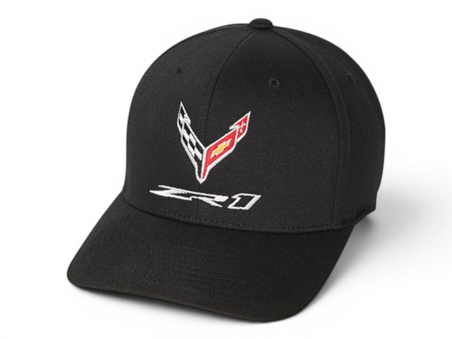 T-Top Vibes black C8 Corvette ZR1 cap with embroidered flag logo and structured six-panel design.