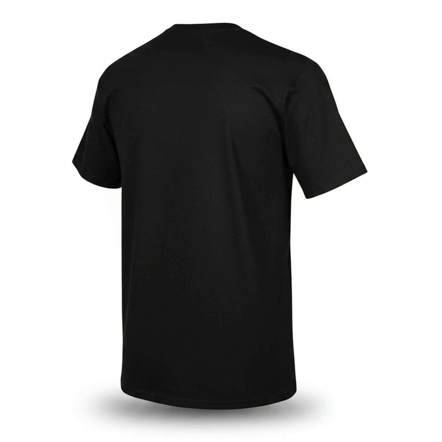 T-Top Vibes black 100% cotton short sleeve crewneck t-shirt, back view showing plain solid fabric.