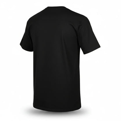 T-Top Vibes black 100% cotton short sleeve crewneck t-shirt, back view showing plain solid fabric.