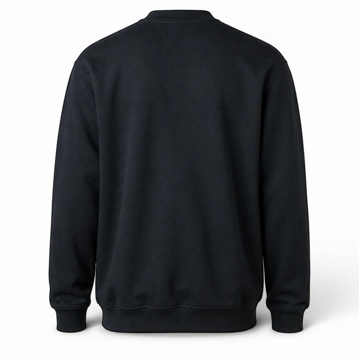 T-Top Vibes black crewneck sweatshirt made of soft cotton, shown from the back, featuring a classic ribbed design.