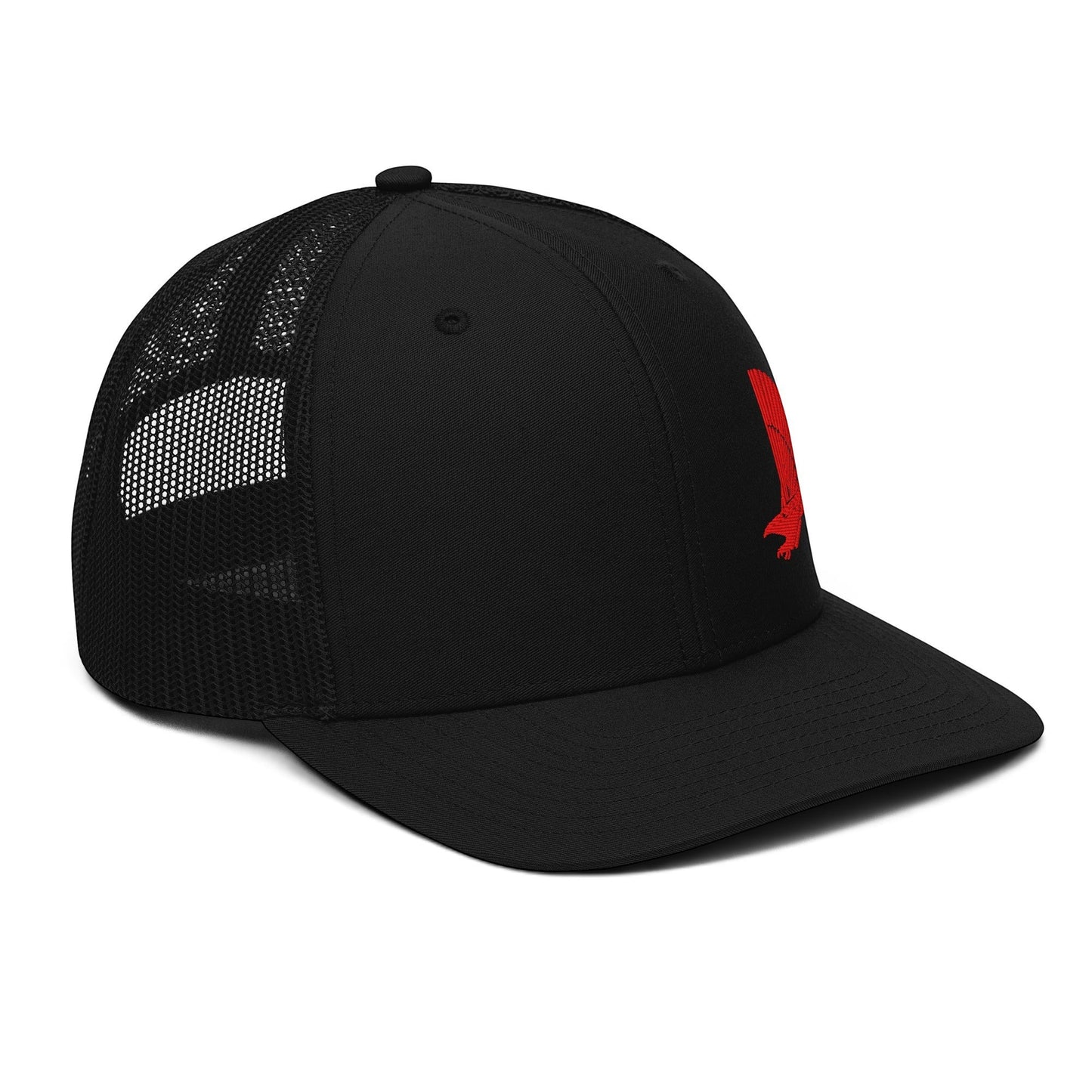 T-Top Vibes black trucker hat featuring a red Pontiac Trans Am Firehawk logo on a structured six-panel mesh cap