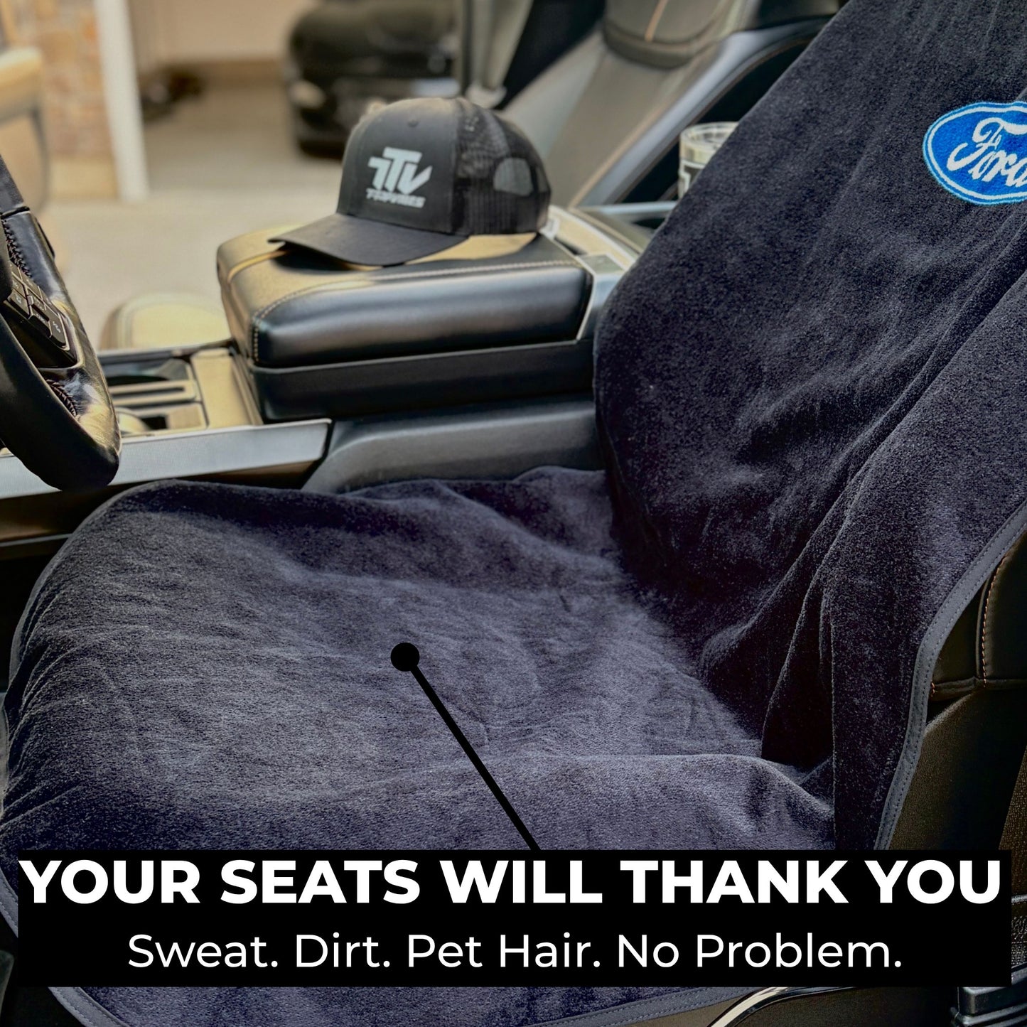 T-Top Vibes black cotton terry velour car seat cover towel with Ford logo, protecting a vehicle seat from daily wear.