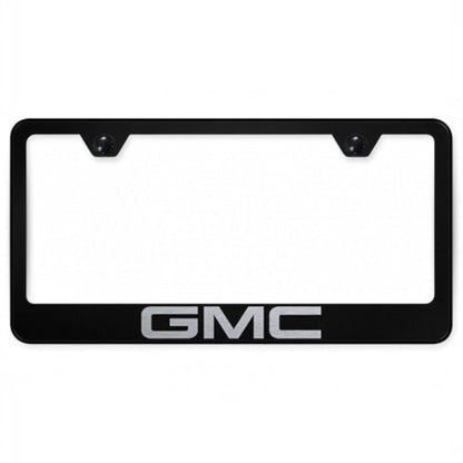 T-Top Vibes black stainless steel GMC license plate frame with laser-etched logo for U.S. vehicles
