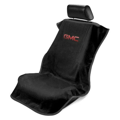T-Top Vibes black GMC car seat towel protector with red embroidered logo for gym or beach use