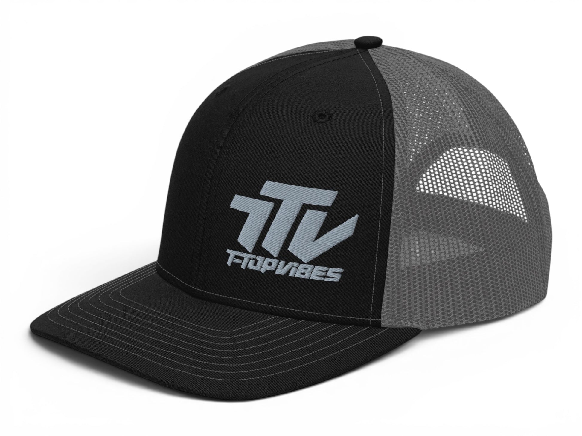 T-Top Vibes black and gray mesh trucker hat with embroidered logo on the front panel