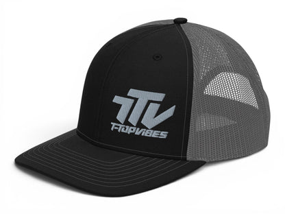 T-Top Vibes black and gray mesh trucker hat with embroidered logo on the front panel