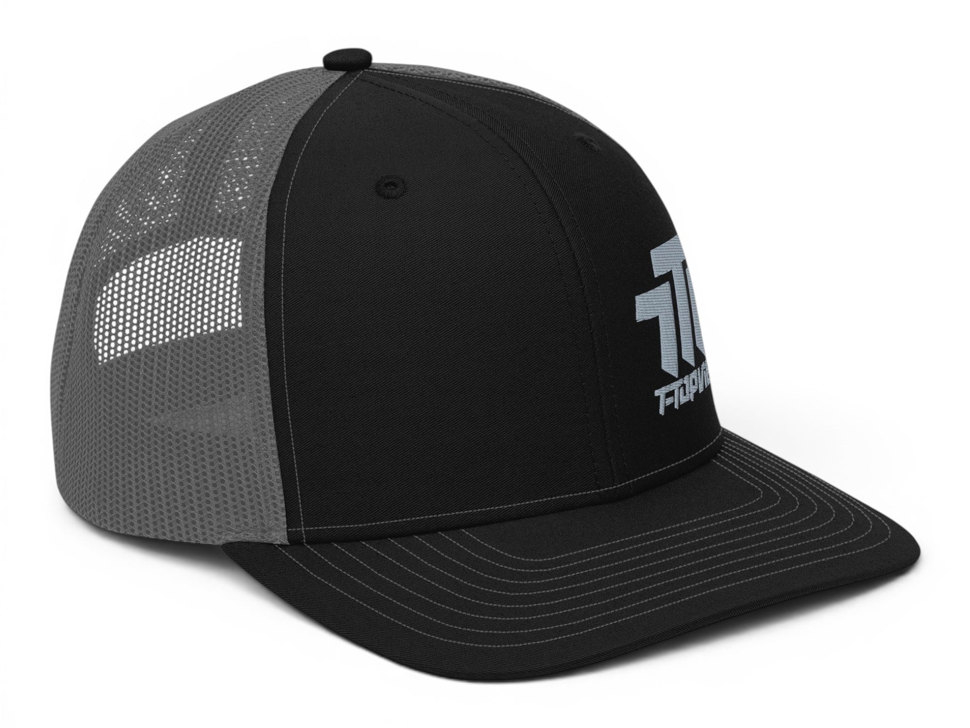 T-Top Vibes black and gray trucker hat with embroidered logo and curved visor