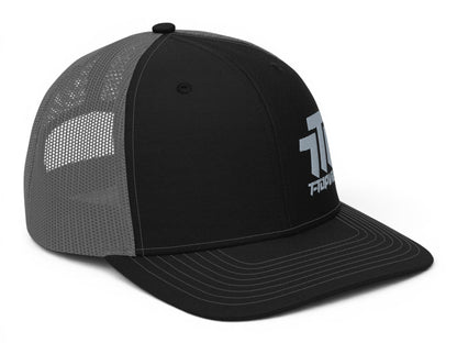 T-Top Vibes black and gray trucker hat with embroidered logo and curved visor