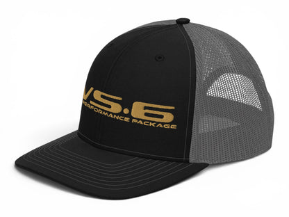 T-Top Vibes black and grey trucker hat with embroidered gold WS6 performance package logo and curved visor