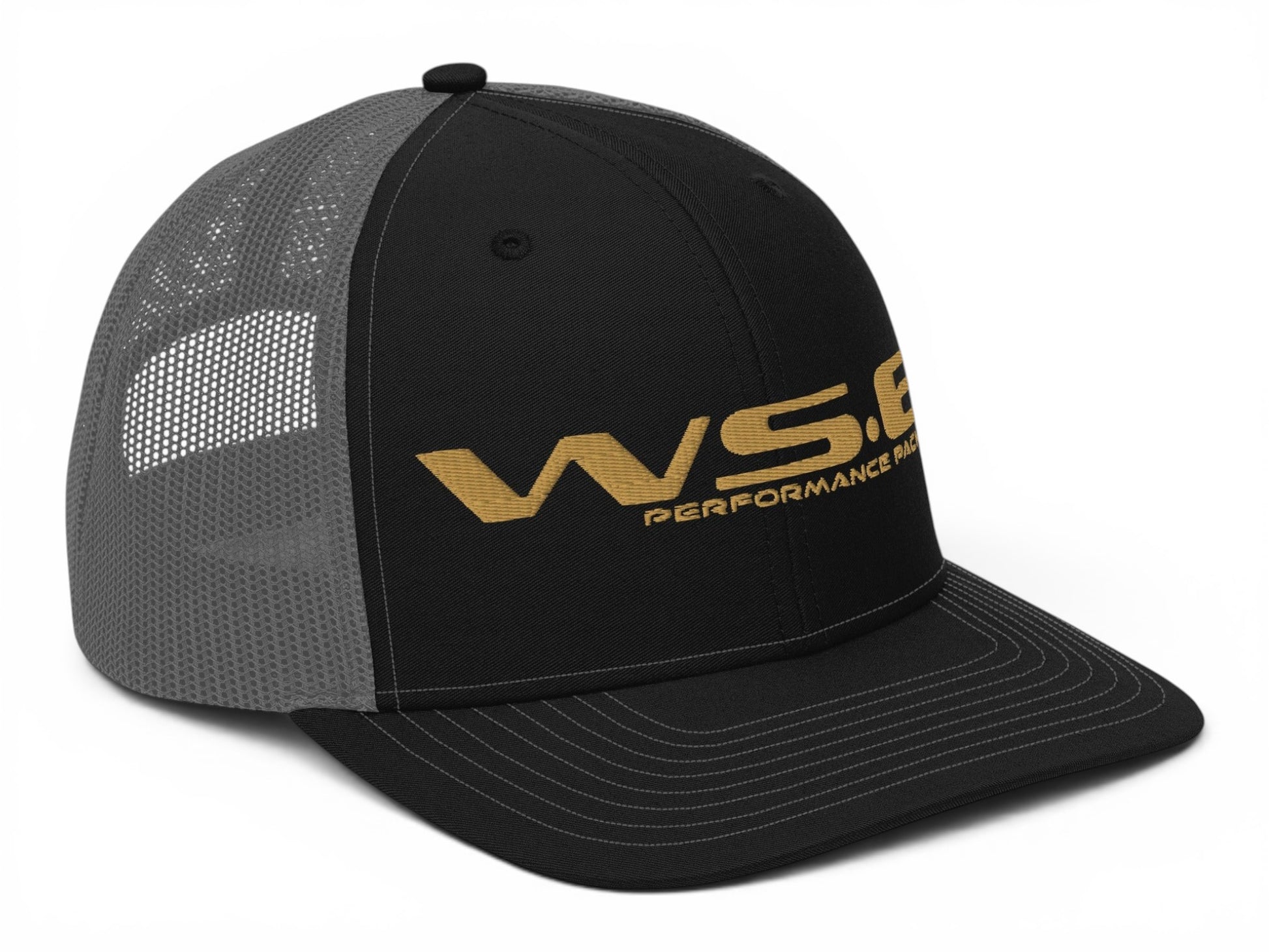 T-Top Vibes black and grey trucker hat with embroidered gold WS6 Performance Package logo and curved visor