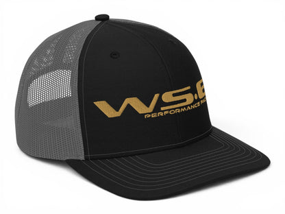 T-Top Vibes black and grey trucker hat with embroidered gold WS6 Performance Package logo and curved visor