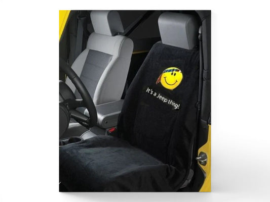 T-Top Vibes black cotton terry velour seat cover towel with a Jeep smiley face graphic installed on a car seat.