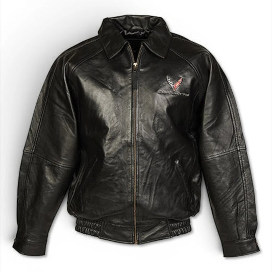 T-Top Vibes black lambskin leather Corvette C8 jacket with embroidered emblem, zip front, and elasticized waistband.