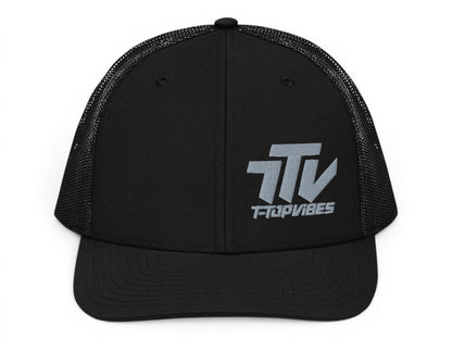 T-Top Vibes black trucker hat with gunmetal gray embroidered logo on front panel
