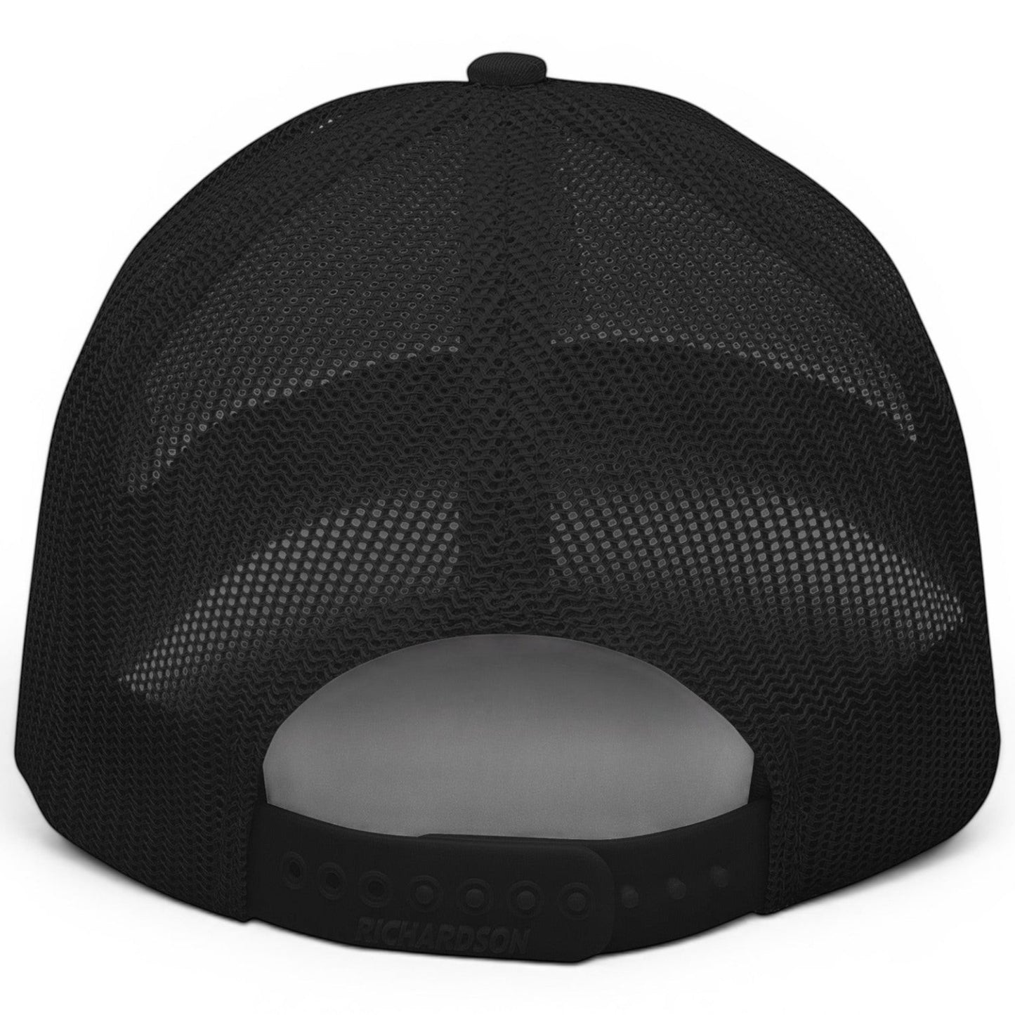 T-Top Vibes black trucker cap with breathable mesh back and adjustable snapback closure, rear view