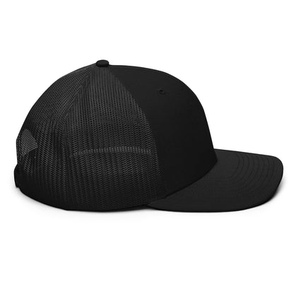T-Top Vibes black structured six-panel trucker hat with breathable mesh back and pre-curved visor