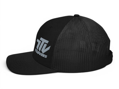 T-Top Vibes black trucker hat with gunmetal gray embroidered logo on the front and breathable mesh back panels