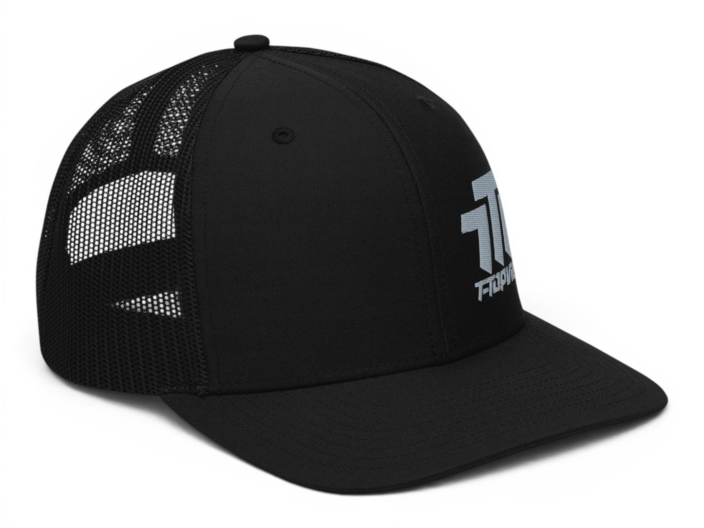 T-Top Vibes black trucker hat with mesh back and gunmetal gray embroidered logo on the front panel