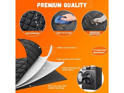 T-Top Vibes black pet hammock features showing waterproof, scratch-resistant 600D Oxford fabric and machine washability.
