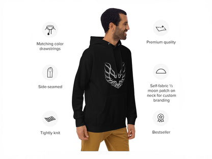 T-Top Vibes black Pontiac Trans Am hoodie with graphic print, pouch pocket, and hood, worn by a man in profile.