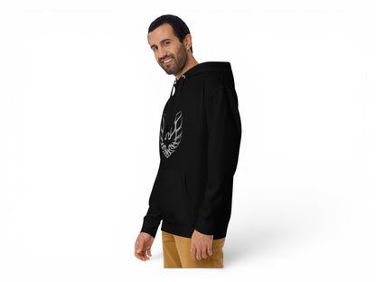 T-Top Vibes black Pontiac Trans Am hoodie featuring a white eagle graphic, worn by a man in a studio setting.