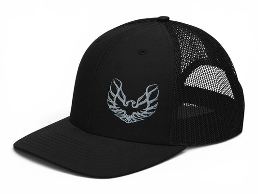 T-Top Vibes black Richardson 112 trucker hat with silver embroidered Pontiac Firebird logo and mesh back