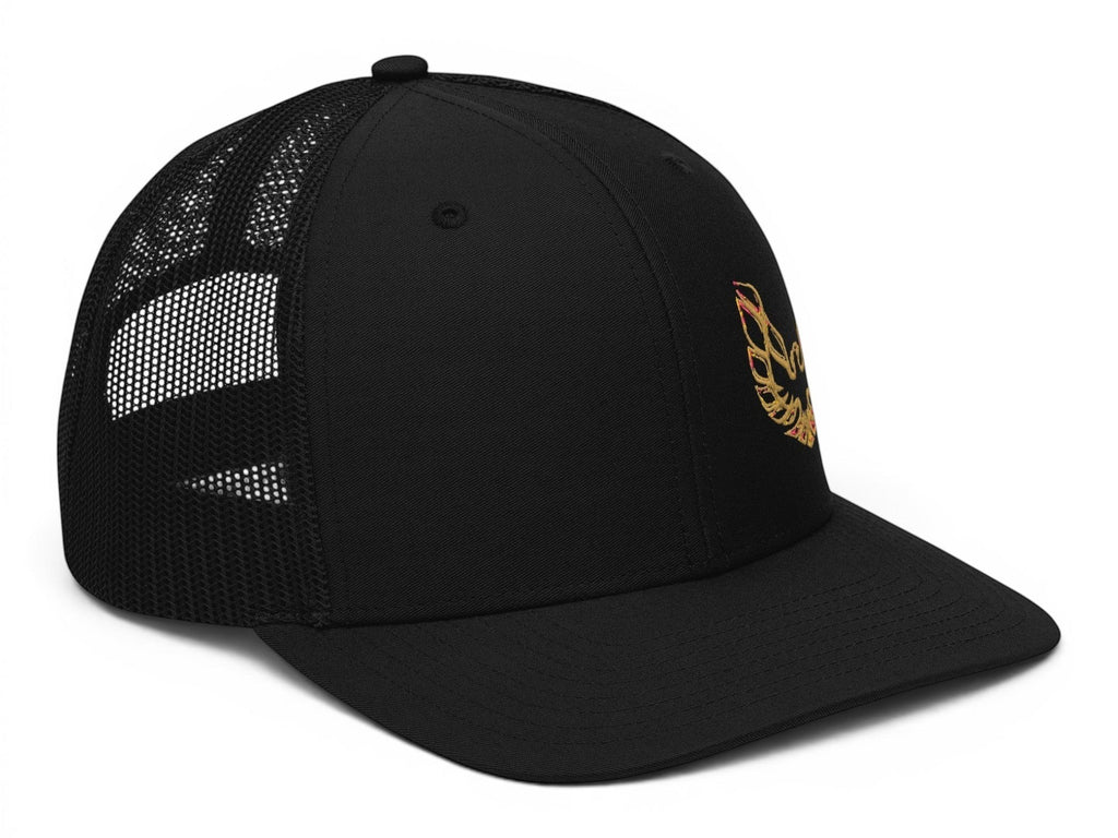 T-Top Vibes black trucker hat with structured front panels, breathable mesh back, and embroidered Pontiac logo.