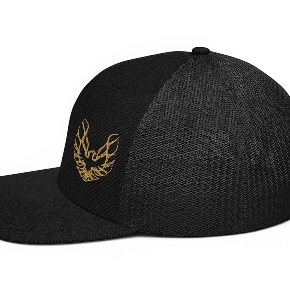 T-Top Vibes black Pontiac Trans Am hat with gold embroidered eagle logo and mesh back panel