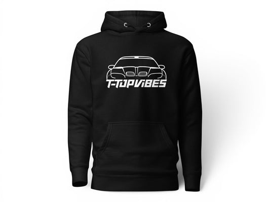 T-Top Vibes black unisex hoodie featuring a white Pontiac Trans Am WS6 car graphic and brand logo on the chest.