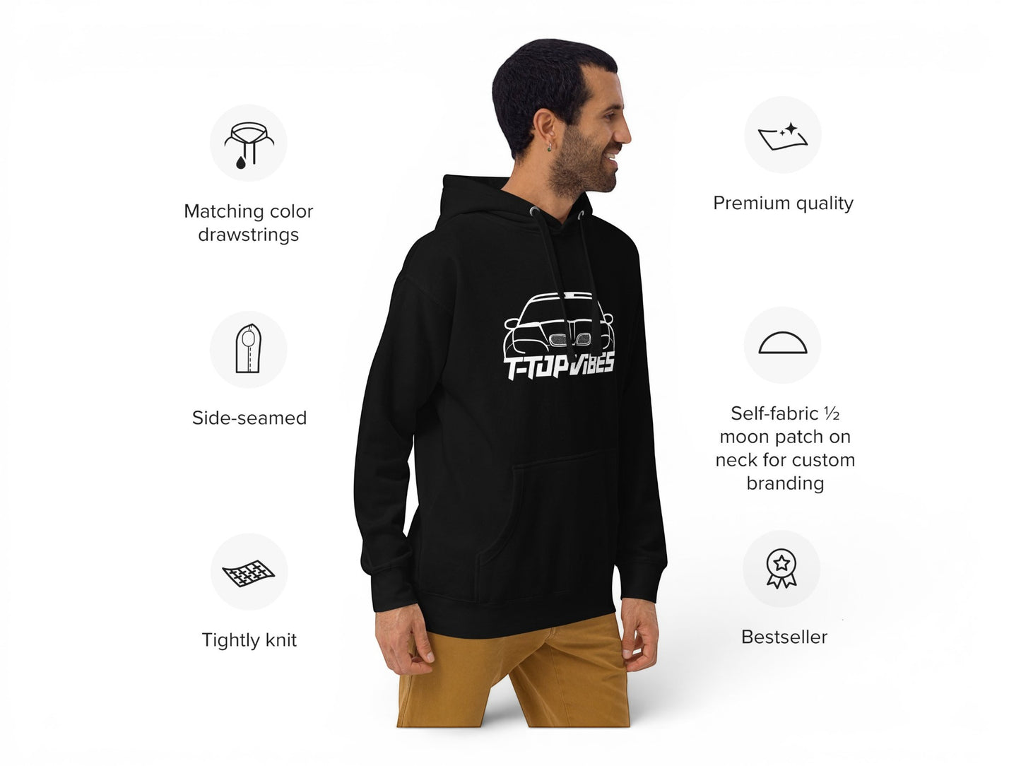 T-Top Vibes black unisex hoodie featuring a white Pontiac Trans Am WS6 graphic, worn by a man in profile view.
