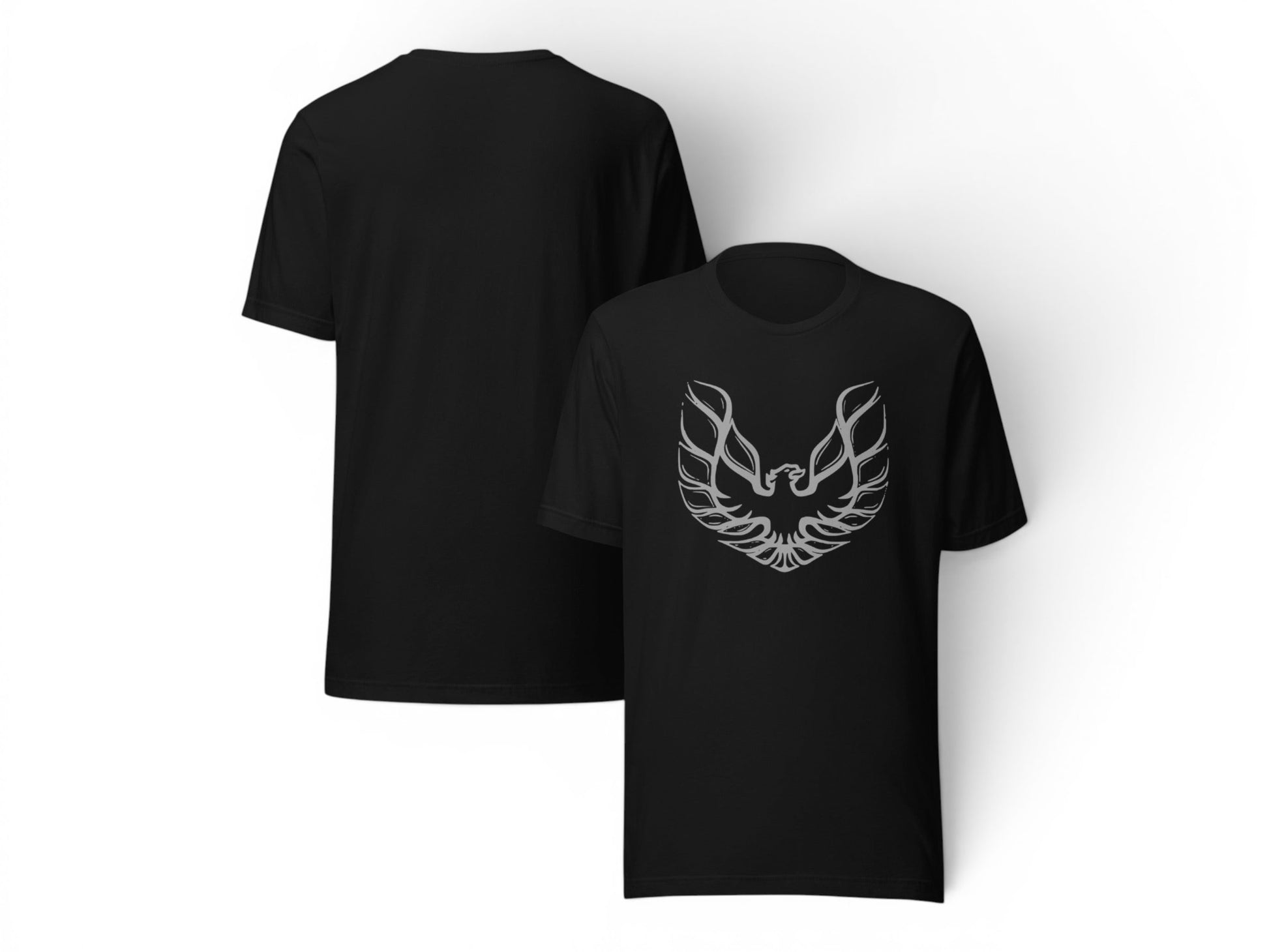 T-Top Vibes black unisex cotton graphic tee featuring a silver-gray Pontiac Trans Am Firebird logo on the front.