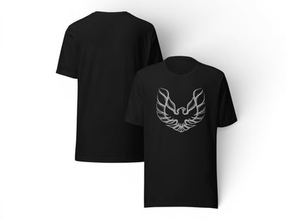 T-Top Vibes black unisex cotton graphic tee featuring a silver-gray Pontiac Trans Am Firebird logo on the front.