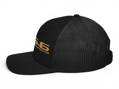 T-Top Vibes black trucker hat with gold embroidered Trans Am WS6 performance package logo and mesh back panel.