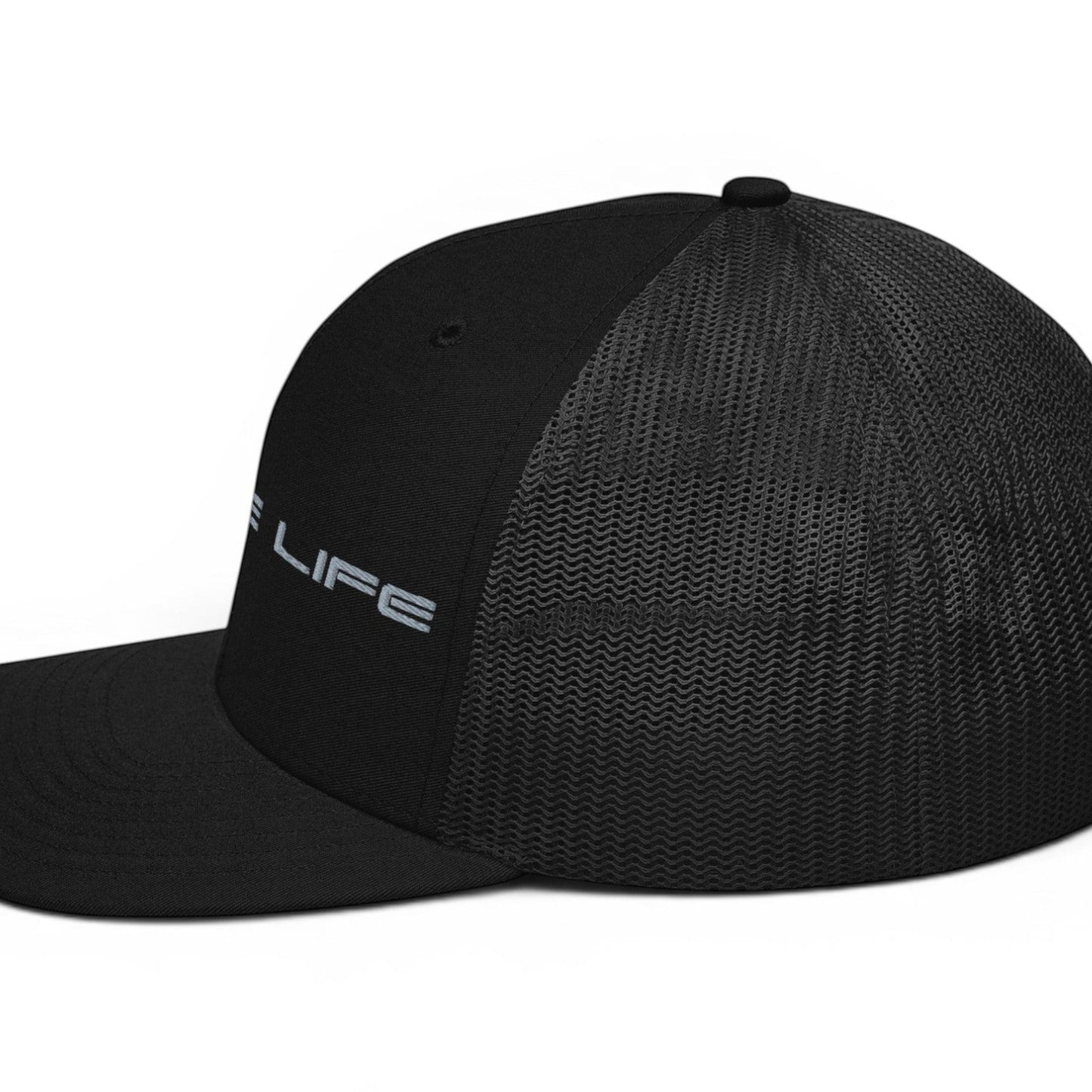 T-Top Vibes black trucker cap with Vette Life embroidery, structured front panels, and breathable mesh back.