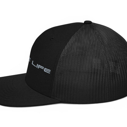 T-Top Vibes black trucker cap with Vette Life embroidery, structured front panels, and breathable mesh back.