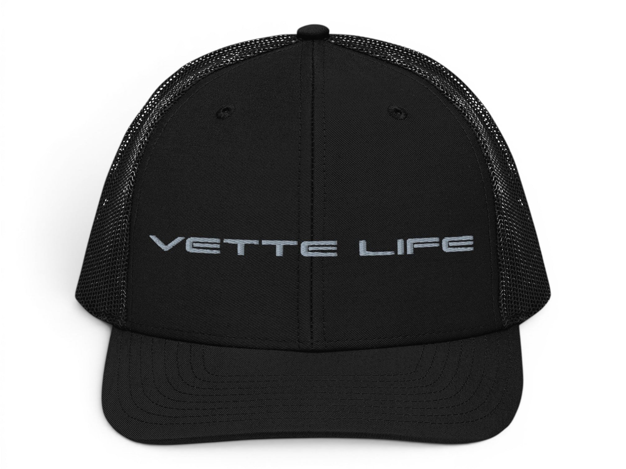T-Top Vibes black trucker hat with Vette Life embroidered on the front, featuring a structured fit and mesh back.