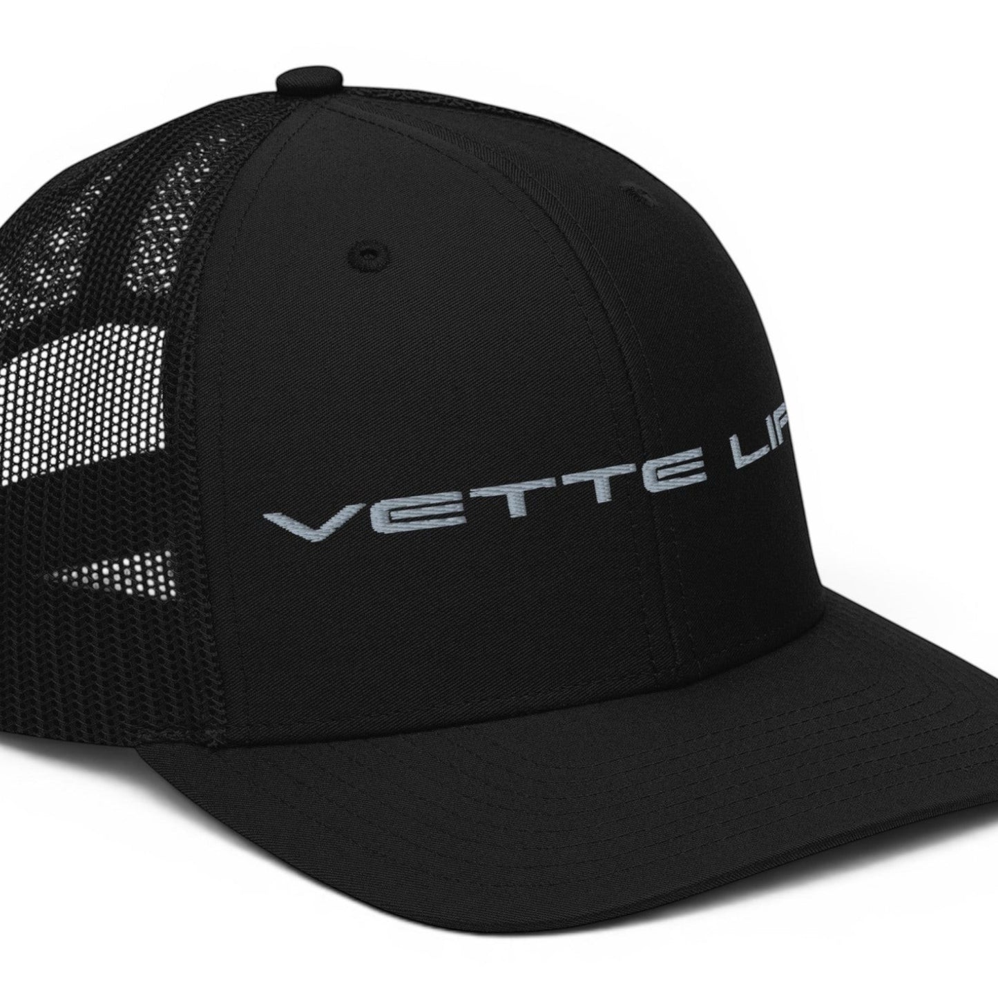 T-Top Vibes black trucker hat with Vette Life embroidery, structured front panels, and breathable mesh back.