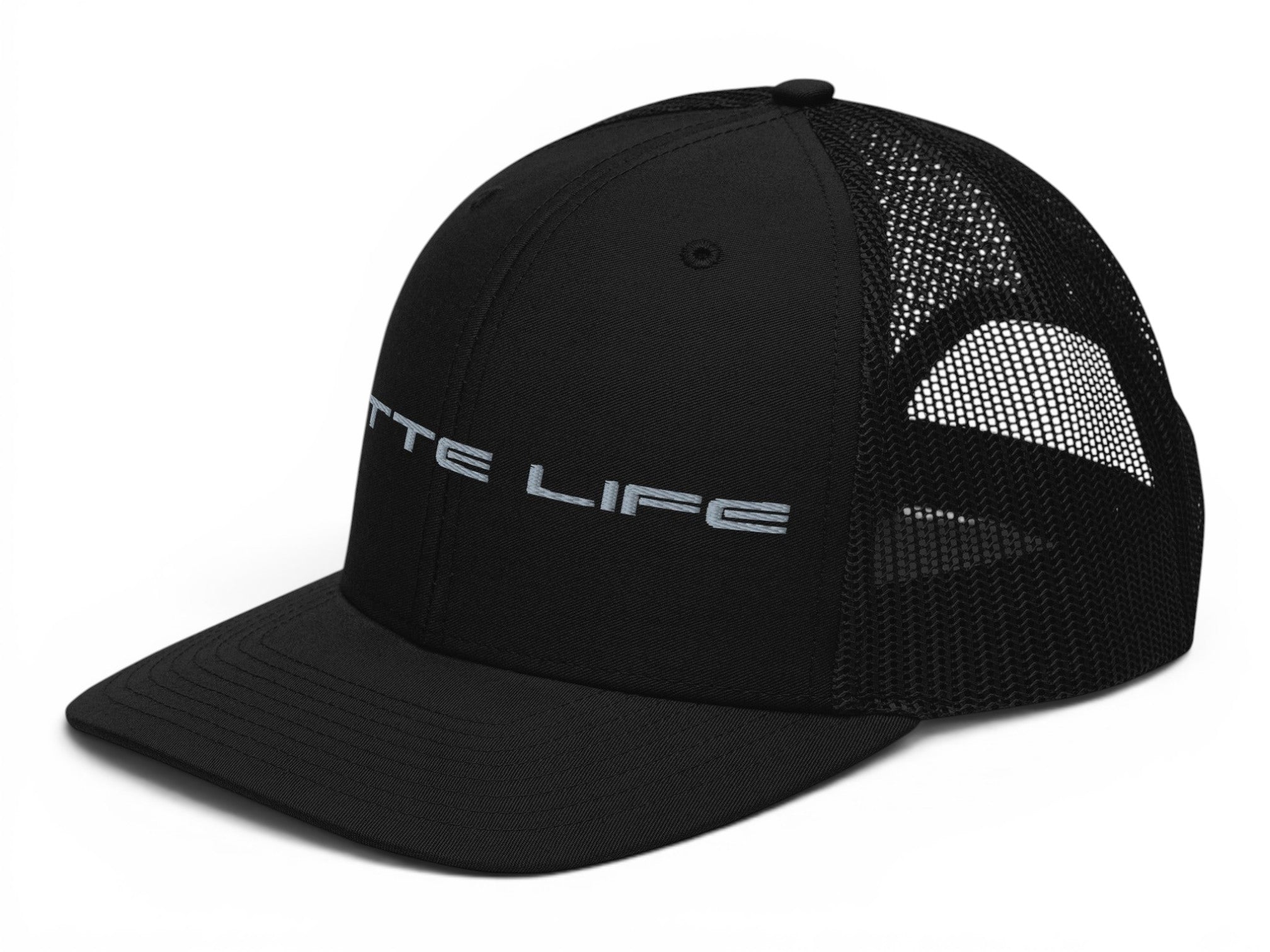 T-Top Vibes black trucker hat with Vette Life embroidery, structured front, and breathable mesh back.