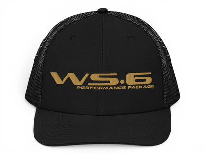 T-Top Vibes black trucker hat with gold embroidered WS.6 Performance Package logo and breathable mesh back