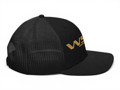 T-Top Vibes black trucker hat with gold embroidered WS6 performance logo and breathable mesh back panel