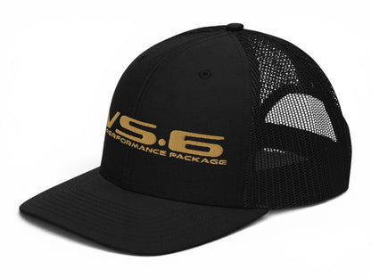 T-Top Vibes black trucker hat with gold embroidered WS6 Performance Package logo and breathable mesh back