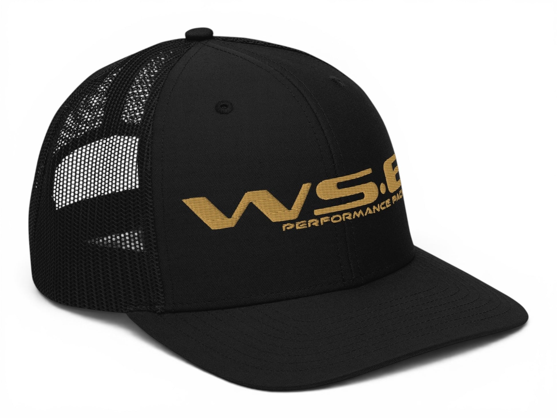 T-Top Vibes black trucker hat with embroidered gold WS6 Performance Package logo and breathable mesh back