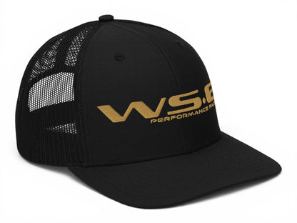 T-Top Vibes black trucker hat with embroidered gold WS6 Performance Package logo and breathable mesh back