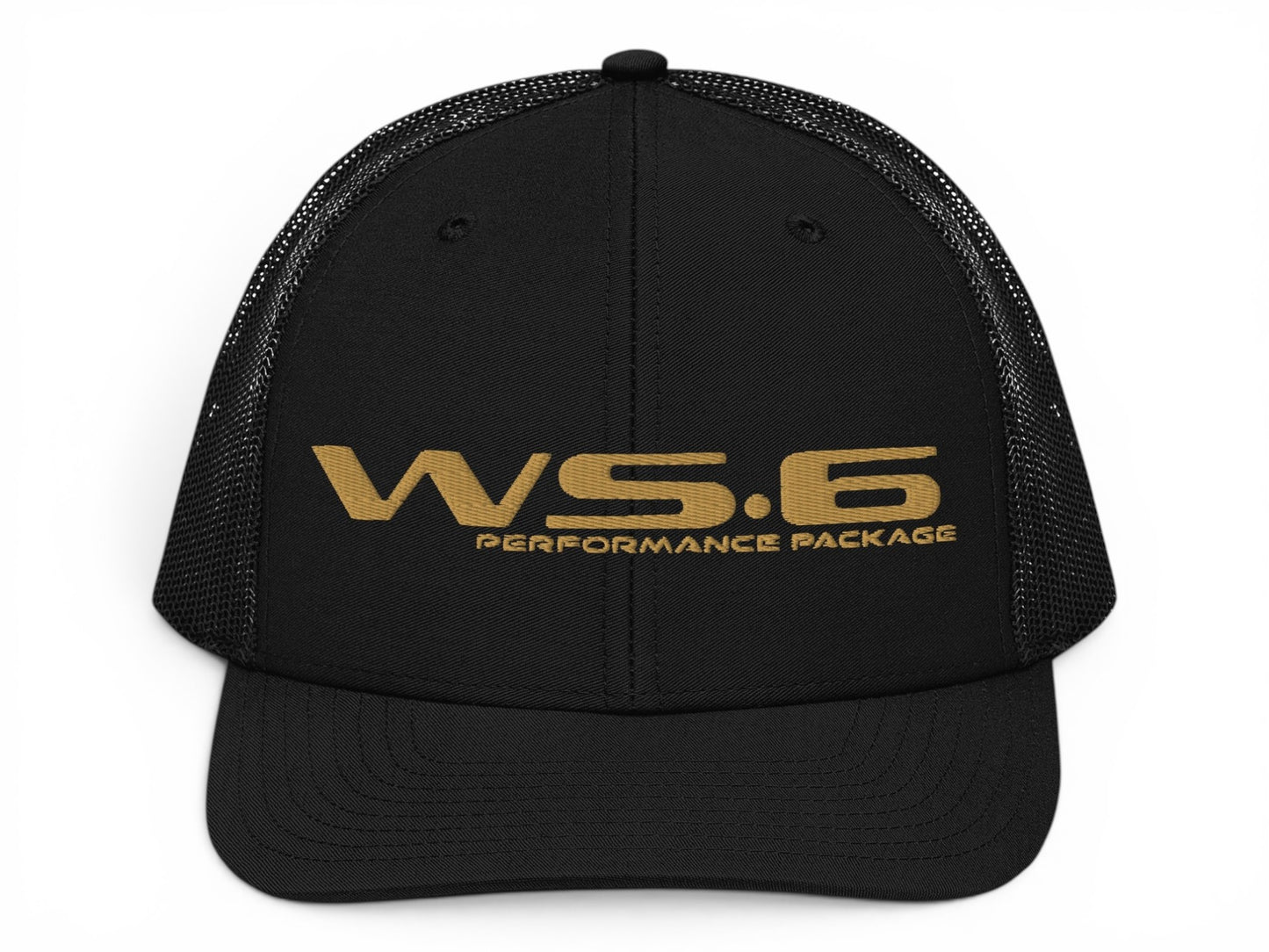 T-Top Vibes black trucker hat with gold embroidered WS.6 Performance Package logo and breathable mesh back